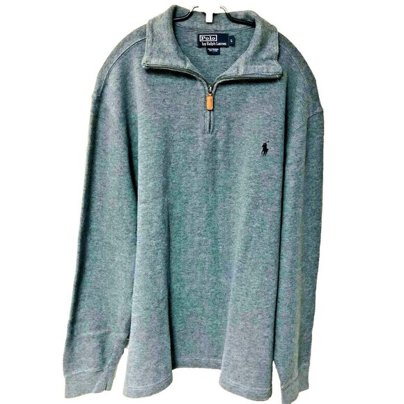 Polo Ralph Lauren Gray 1/4 Zip Pullover Sweater Men's L Pony Leather Pull Dad - Picture 1 of 4